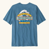 Patagonia men's great waves responsibili short sleeve shirt in blue with a large wave logo on upper back