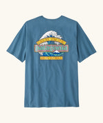 Patagonia men's great waves responsibili short sleeve shirt in blue with a large wave logo on upper back