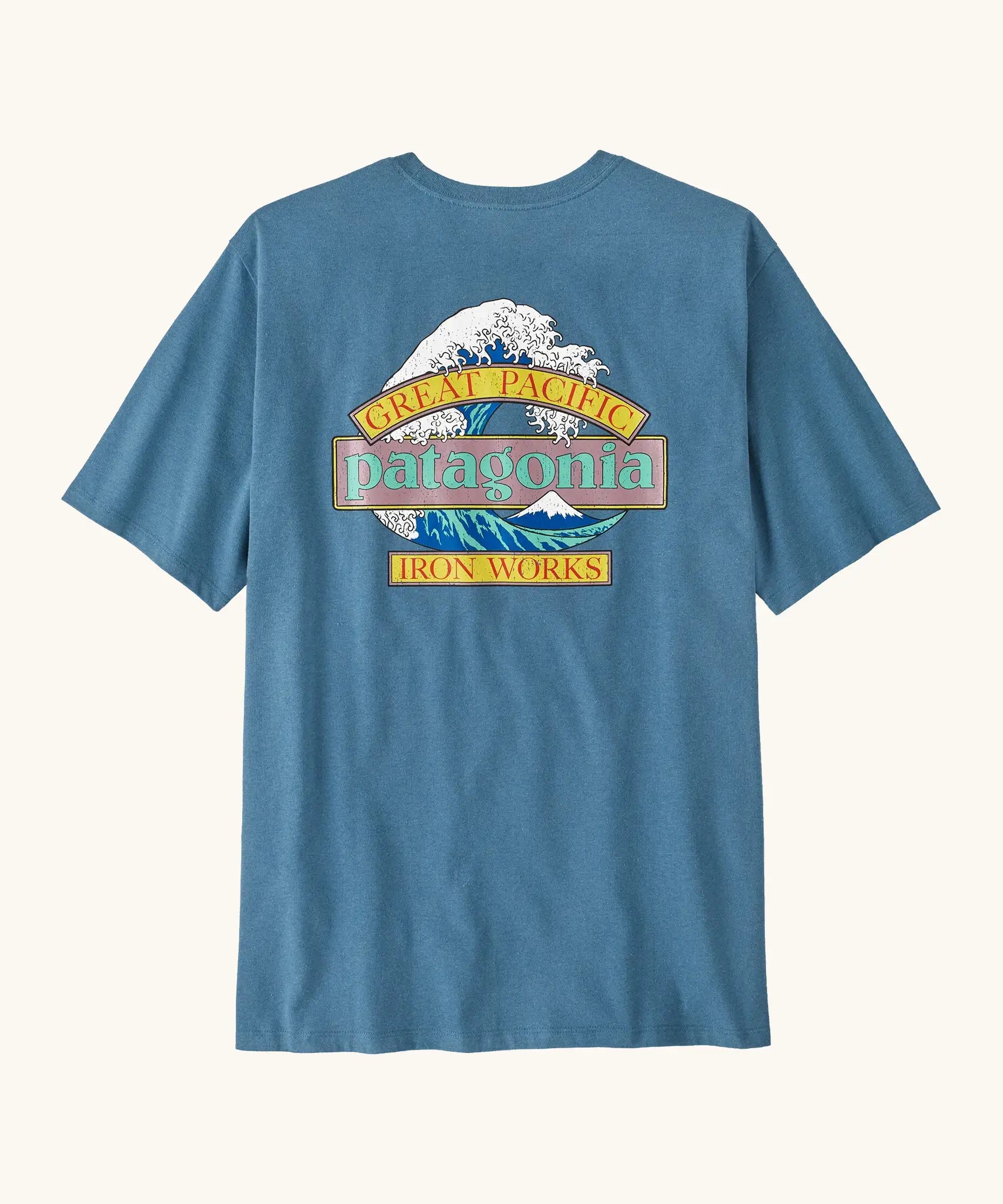 Patagonia men's great waves responsibili short sleeve shirt in blue with a large wave logo on upper back