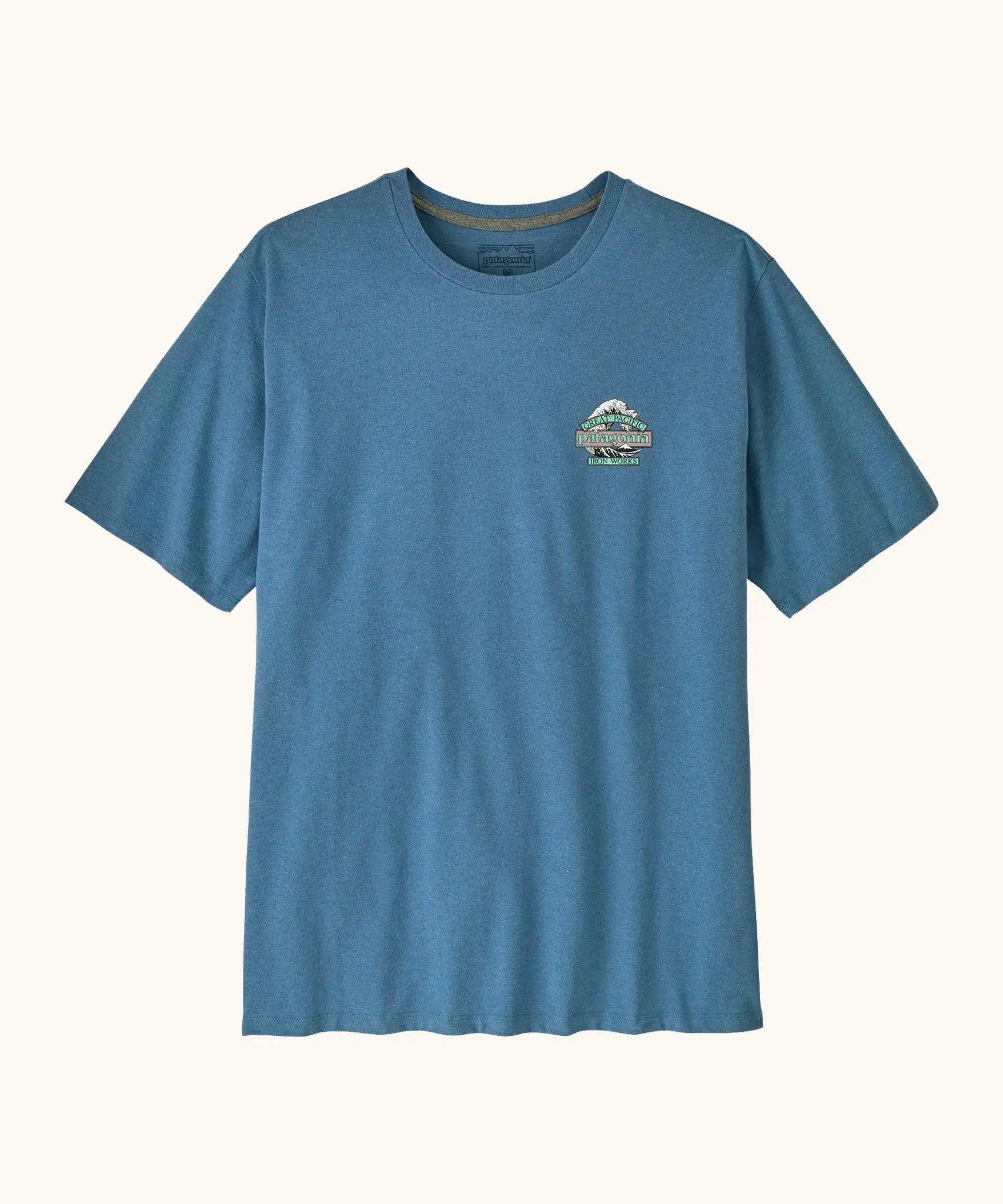 Patagonia men's great waves responsibili short sleeve shirt in blue with a small wave logo on the chest