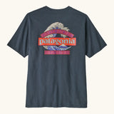 Patagonia men's great waves responsibili short sleeve shirt in summit blue with a large wave print on the upper body