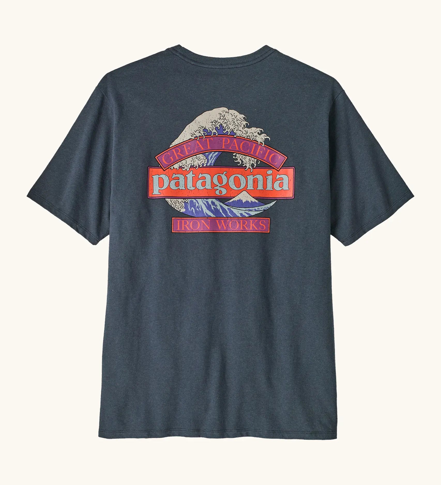 Patagonia men's great waves responsibili short sleeve shirt in summit blue with a large wave print on the upper body