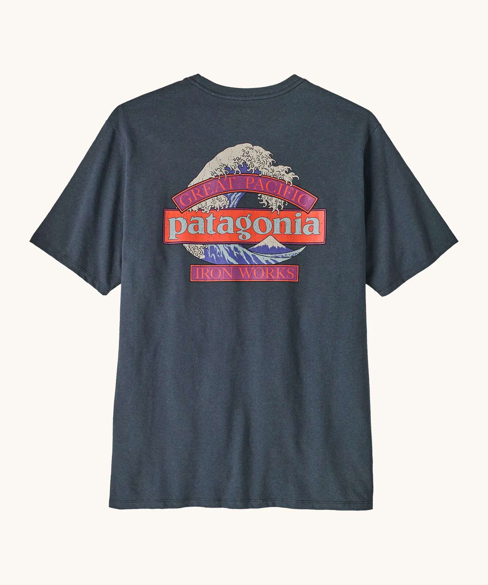 Patagonia men's great waves responsibili short sleeve shirt in summit blue with a large wave print on the upper body