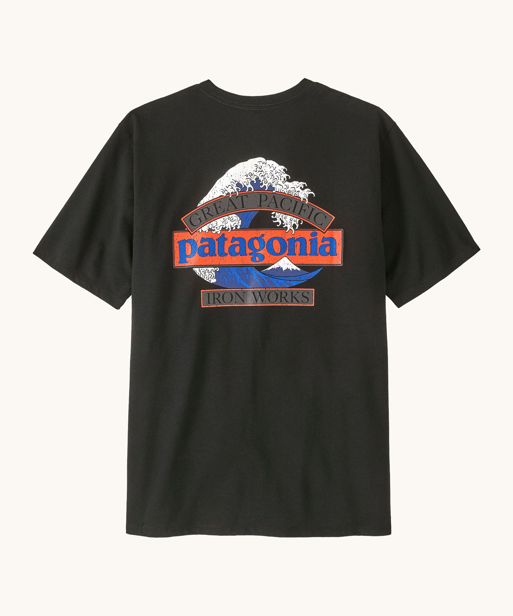 Patagonia men's great waves responsibili short sleeve shirt in black with a large wave logo on the upper body