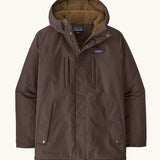 Patagonia water repellent men's Isthmus parka in den brown with a warm fleece inner lining. Features a adjustable hood and pocket. 