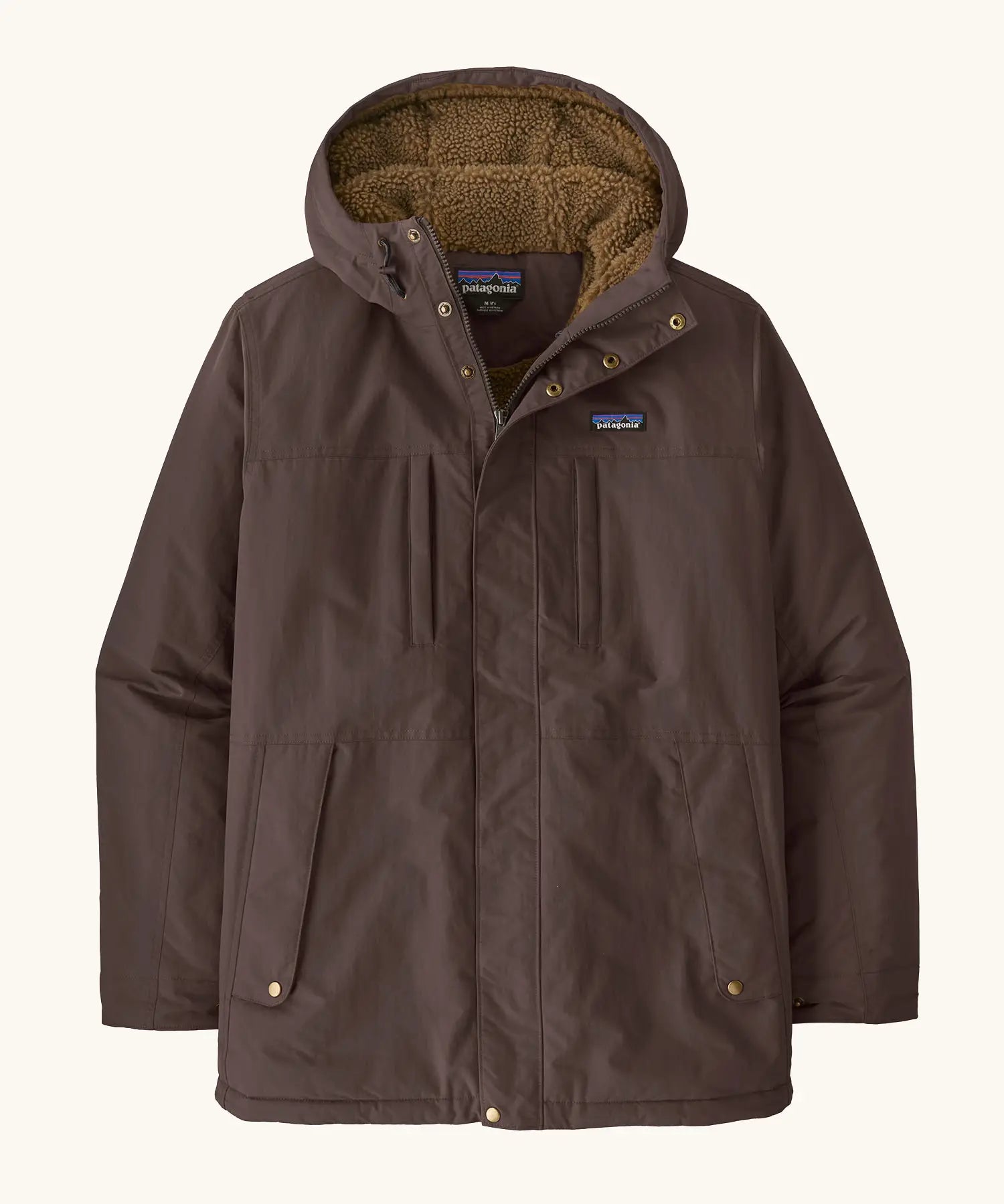 Patagonia water repellent men's Isthmus parka in den brown with a warm fleece inner lining. Features a adjustable hood and pocket. 