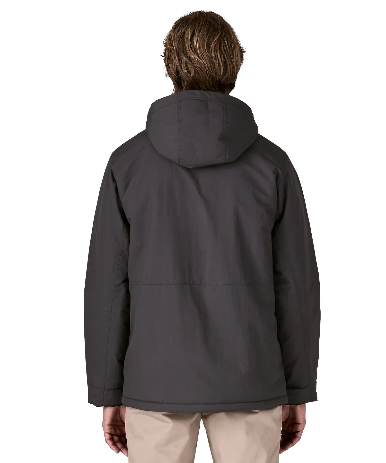 Back of man wearing Patagonia water repellent Isthmus parka in ink black with the hood down. Coat has a regular fit 