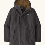 Patagonia water repellent men's Isthmus parka in ink black with a warm fleece inner lining. Features a adjustable hood and pocket. 