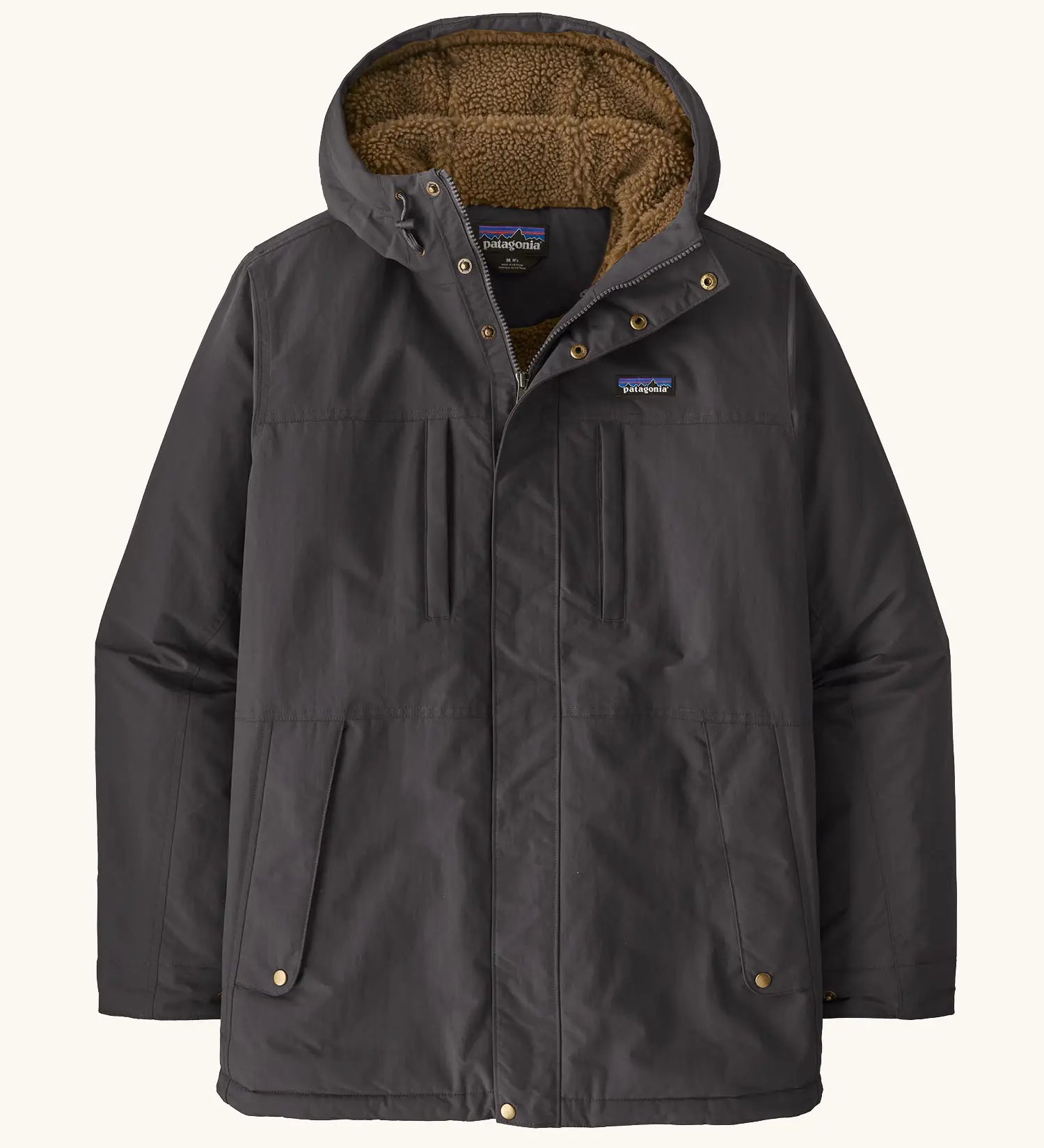 Patagonia water repellent men's Isthmus parka in ink black with a warm fleece inner lining. Features a adjustable hood and pocket. 