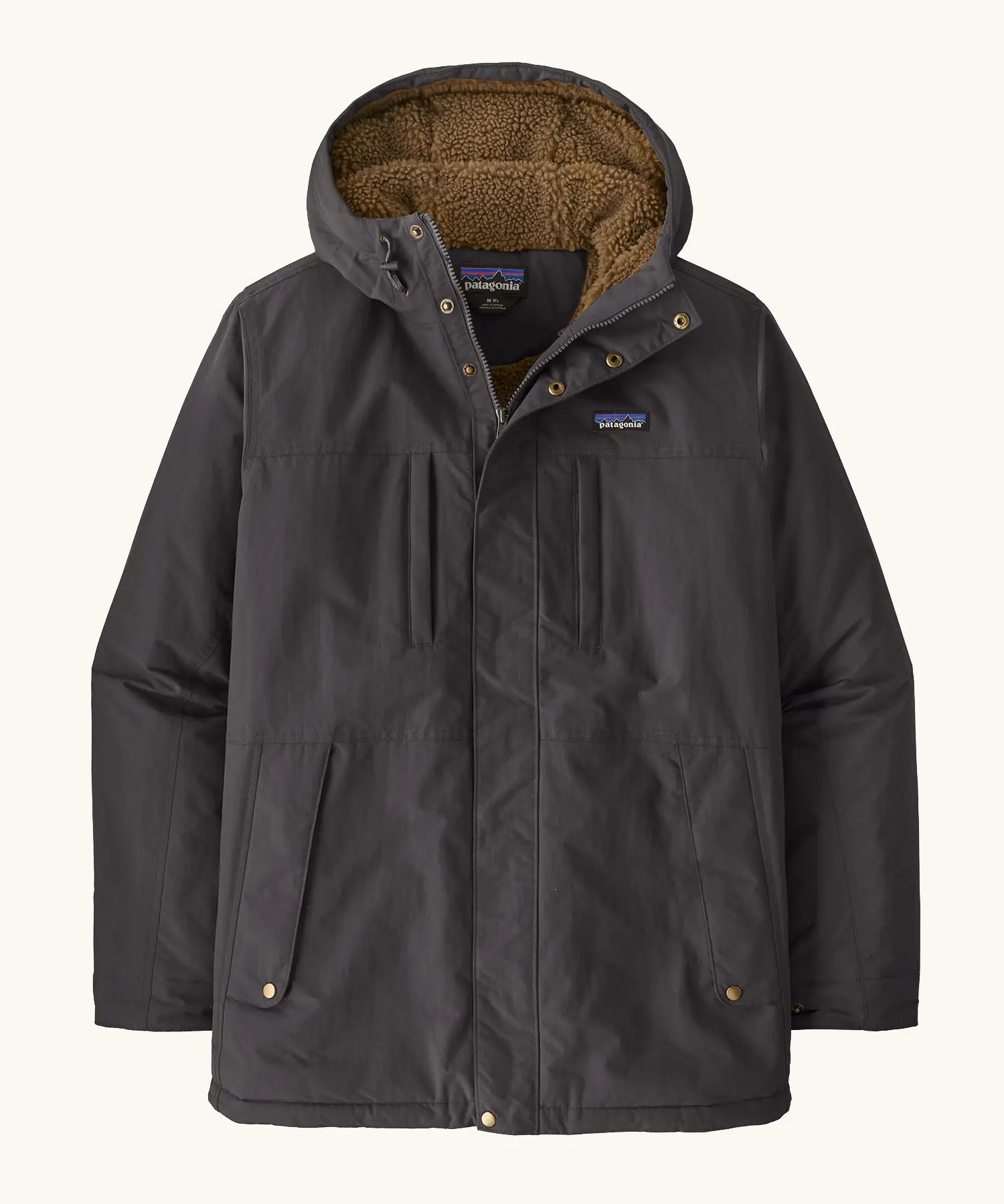 Patagonia water repellent men's Isthmus parka in ink black with a warm fleece inner lining. Features a adjustable hood and pocket. 