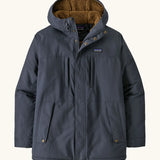 Patagonia men's isthmus parka jacket in dark blue with brown inner fleece. Showing full length front zip, side and chest pockets