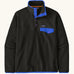 Patagonia mens lightweight synchilla snap t fleece pullover in black with blue trim Features 1/4 length popper fasteners and a chest pocket