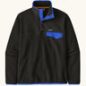 Patagonia mens lightweight synchilla snap t fleece pullover in black with blue trim Features 1/4 length popper fasteners and a chest pocket