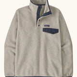 Patagonia mens lightweight synchilla snap t fleece pullover in beige with navy trim. Features 1/4 length popper fasteners and a chest pocket