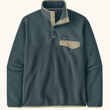 Patagonia mens lightweight synchilla snap t fleece pullover in teal blue. Features 1/4 length popper fasteners and a chest pocket