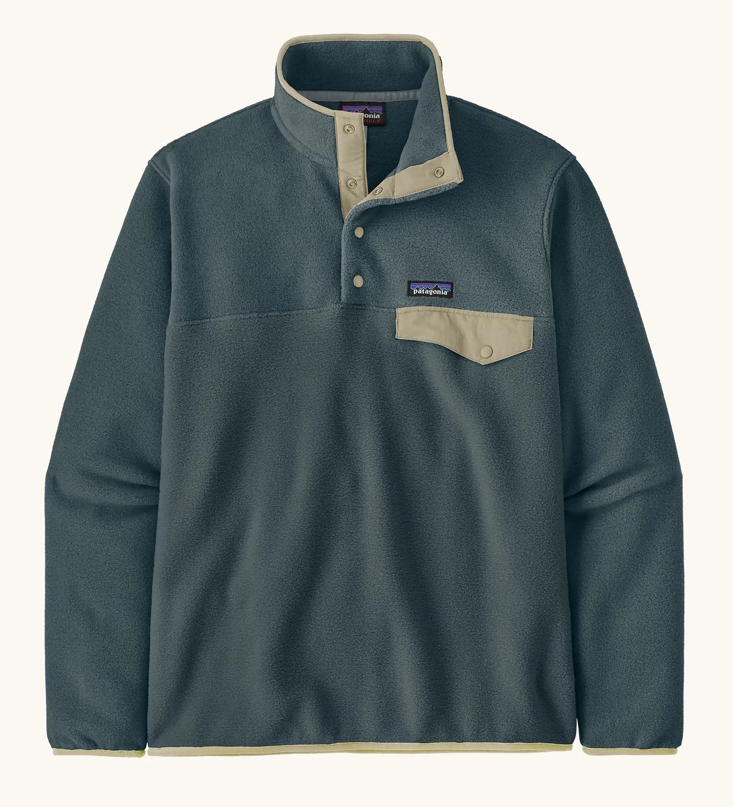 Patagonia mens lightweight synchilla snap t fleece pullover in teal blue. Features 1/4 length popper fasteners and a chest pocket