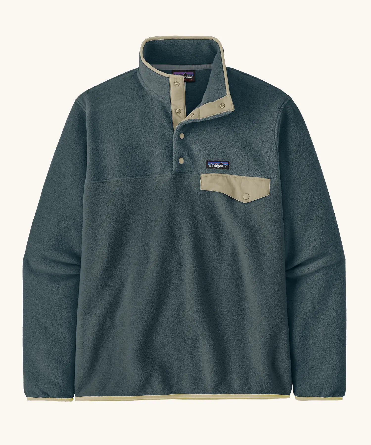 Patagonia mens lightweight synchilla snap t fleece pullover in teal blue. Features 1/4 length popper fasteners and a chest pocket