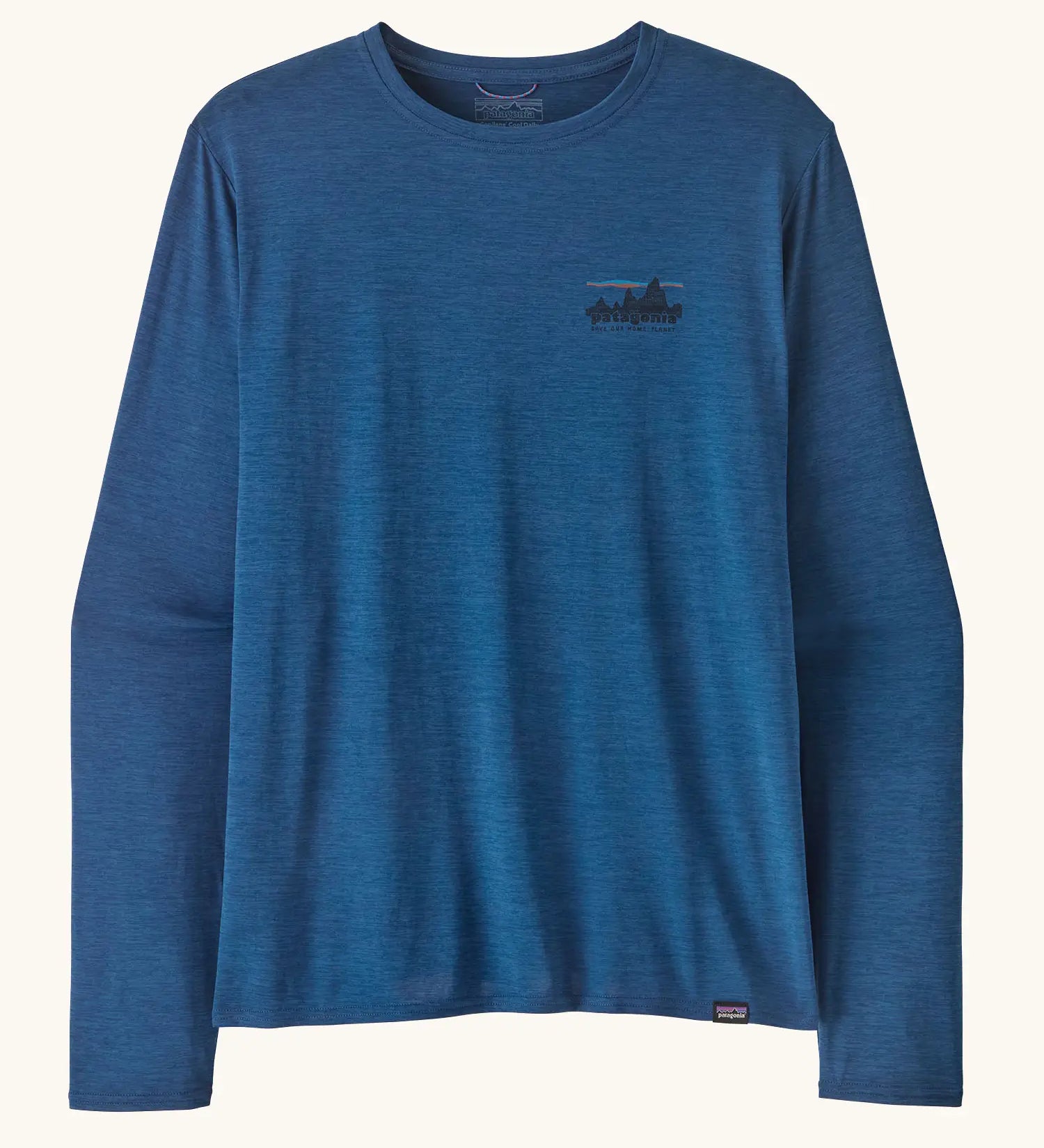 Patagonia men's long sleeve capilene techincal t-shirt in blue with small 73 skyline inspired brand print on upper chest