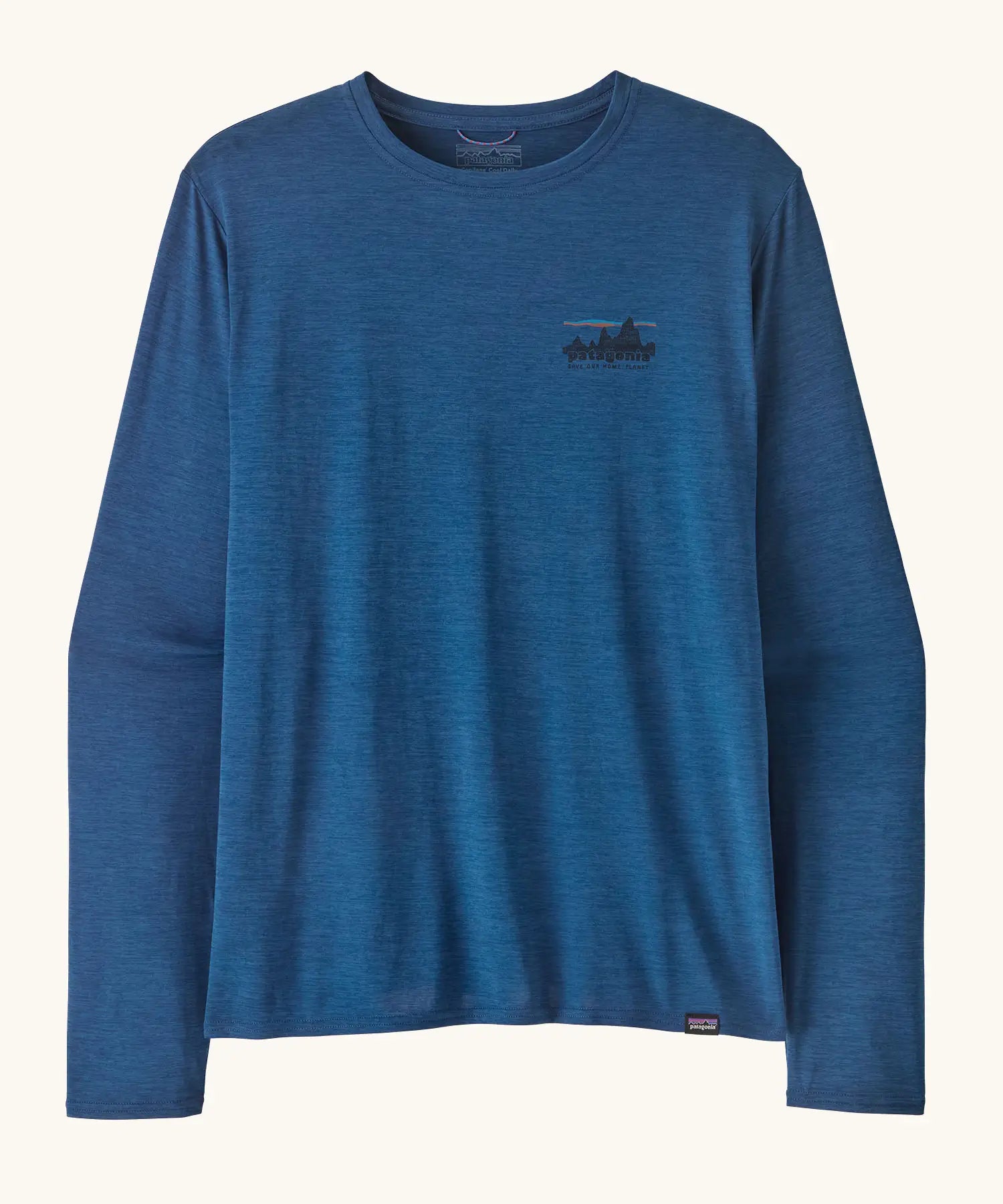 Patagonia men's long sleeve capilene techincal t-shirt in blue with small 73 skyline inspired brand print on upper chest