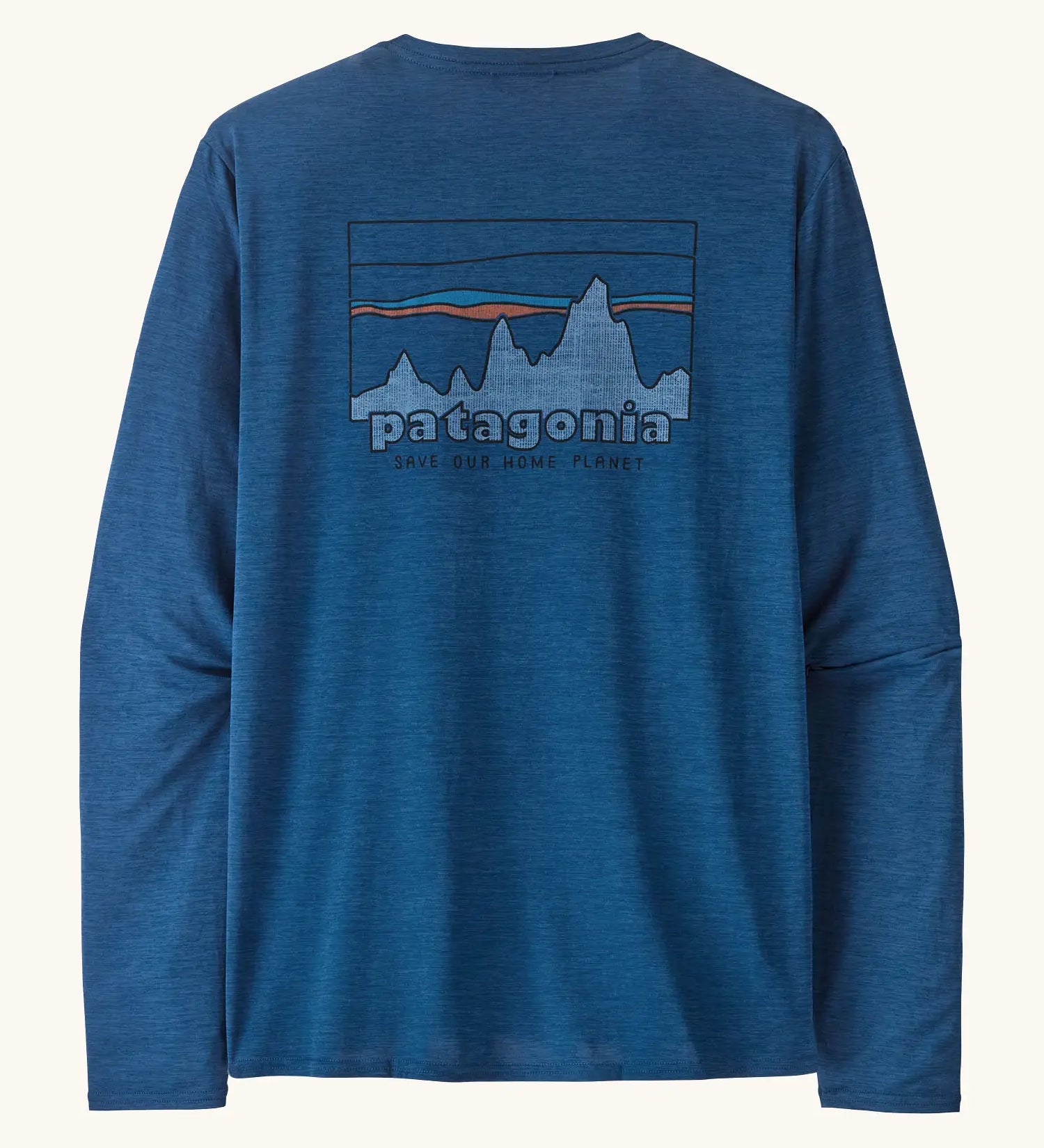 Patagonia men's long sleeve capilene techincal t-shirt in blue with 73 skyline inspired brand print on upper back