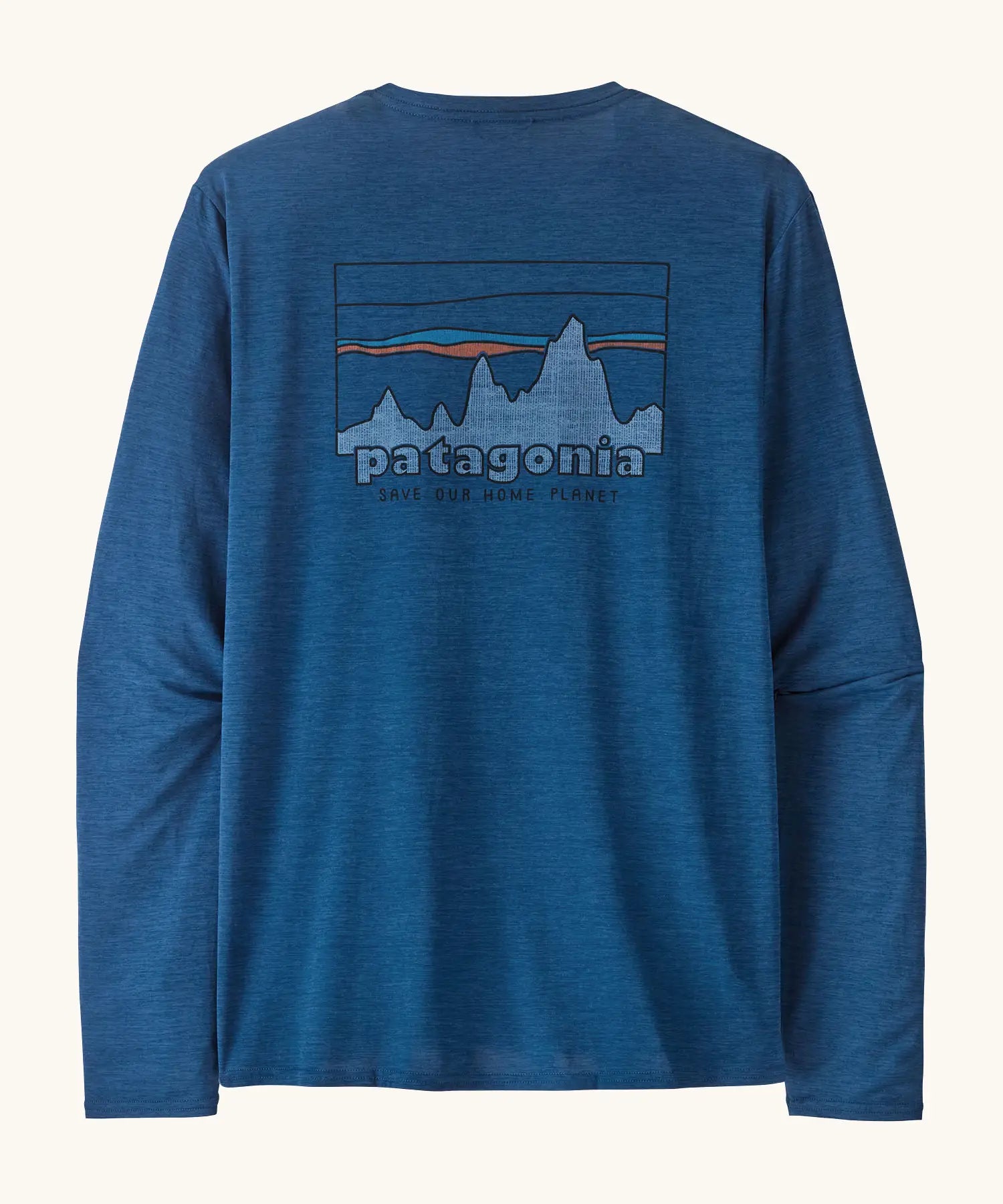 Patagonia men's long sleeve capilene techincal t-shirt in blue with 73 skyline inspired brand print on upper back