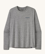 Front view of the Patagonia Men’s Long Sleeved Capilene Cool Daily Graphic Shirt in Waters grey marl, showing the small Patagonia logo on the left chest.