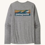 Back view of the Patagonia Men’s Long Sleeved Capilene Cool Daily Graphic Shirt in Waters grey marl, showing the large vintage style waves Patagonia graphic.
