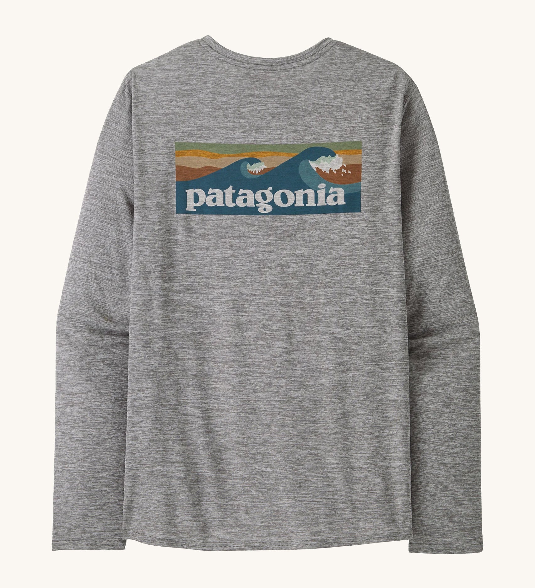 Back view of the Patagonia Men’s Long Sleeved Capilene Cool Daily Graphic Shirt in Waters grey marl, showing the large vintage style waves Patagonia graphic.