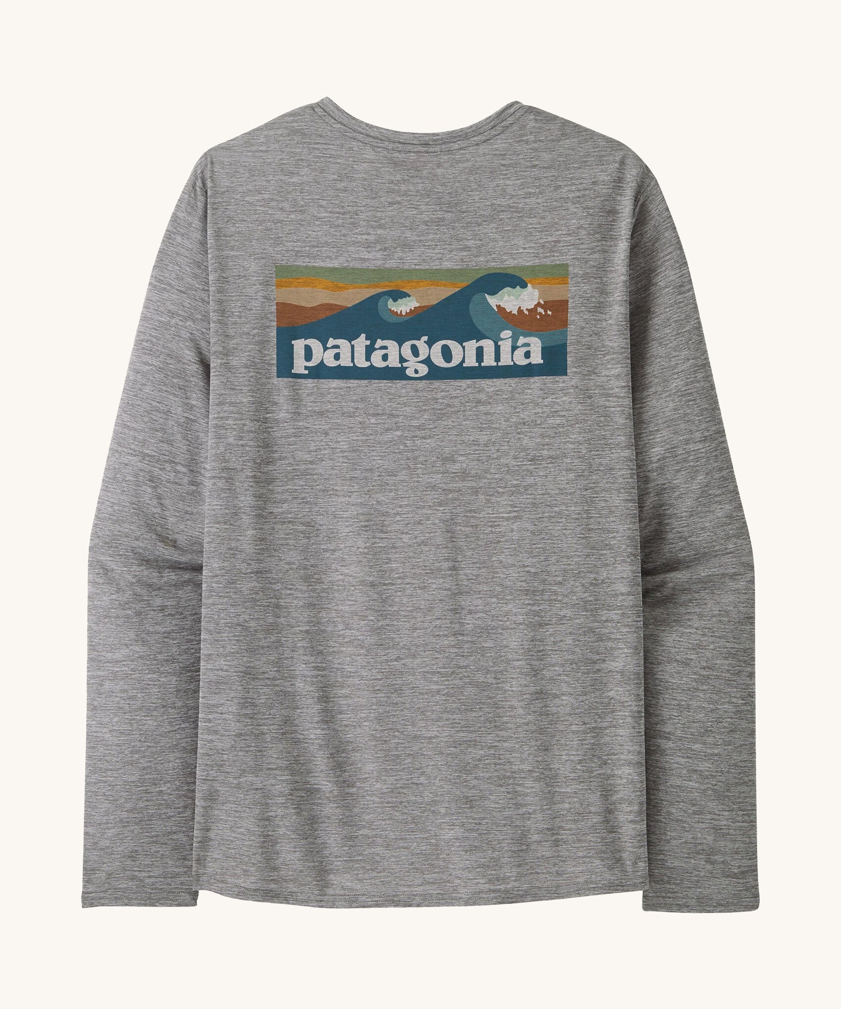 Back view of the Patagonia Men’s Long Sleeved Capilene Cool Daily Graphic Shirt in Waters grey marl, showing the large vintage style waves Patagonia graphic.