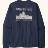 Patagonia men's long sleeve hut tripper skyline tshirt in new navy with a white branded mountain ridge graphic on the upper back