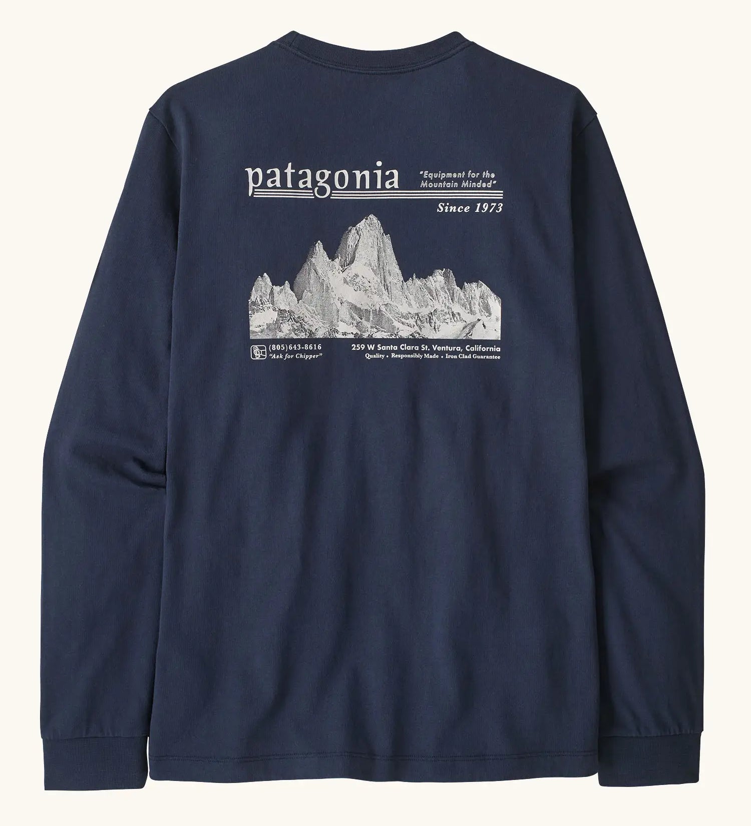 Patagonia men's long sleeve hut tripper skyline tshirt in new navy with a white branded mountain ridge graphic on the upper back