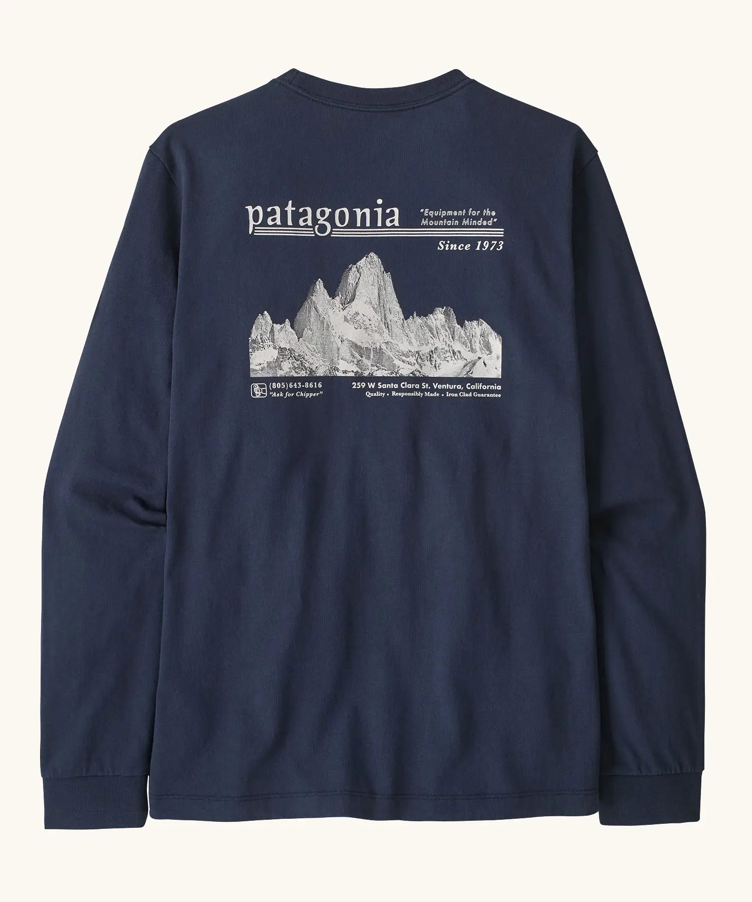 Patagonia men's long sleeve hut tripper skyline tshirt in new navy with a white branded mountain ridge graphic on the upper back