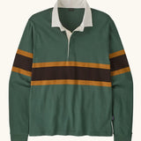 Patagonia men's long sleeved buttoned rugby shirt in canopy green with a continuous brown block strip on the middle and white collar