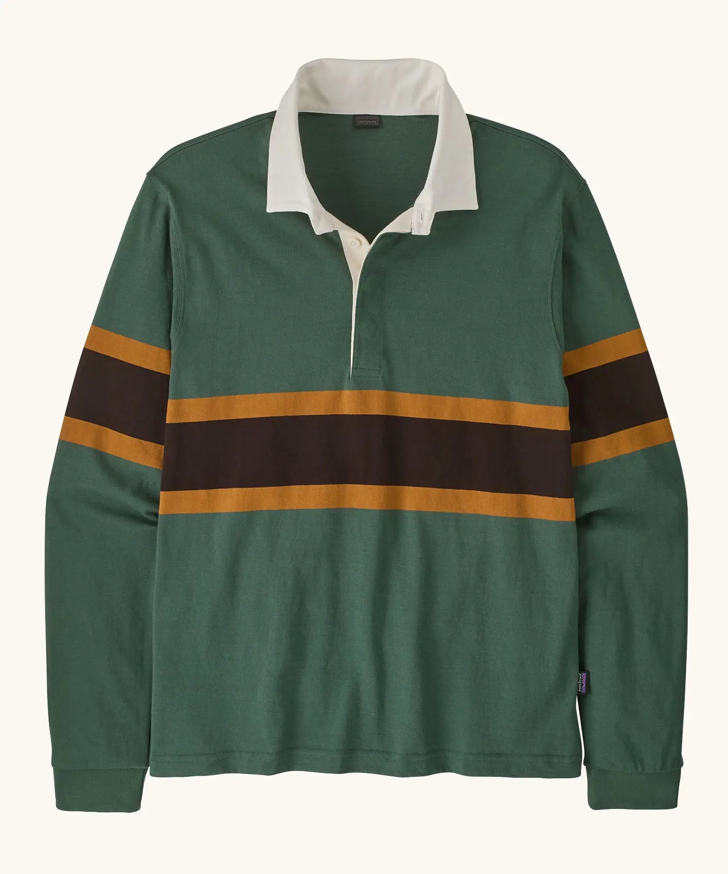 Patagonia men's long sleeved buttoned rugby shirt in canopy green with a continuous brown block strip on the middle and white collar