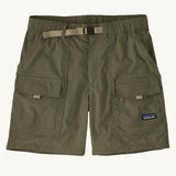 Patagonia men's outdoor everyday quick drying shorts in green. Shows side and front pockets and a light green belt