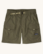 Patagonia men's outdoor everyday quick drying shorts in green. Shows side and front pockets and a light green belt