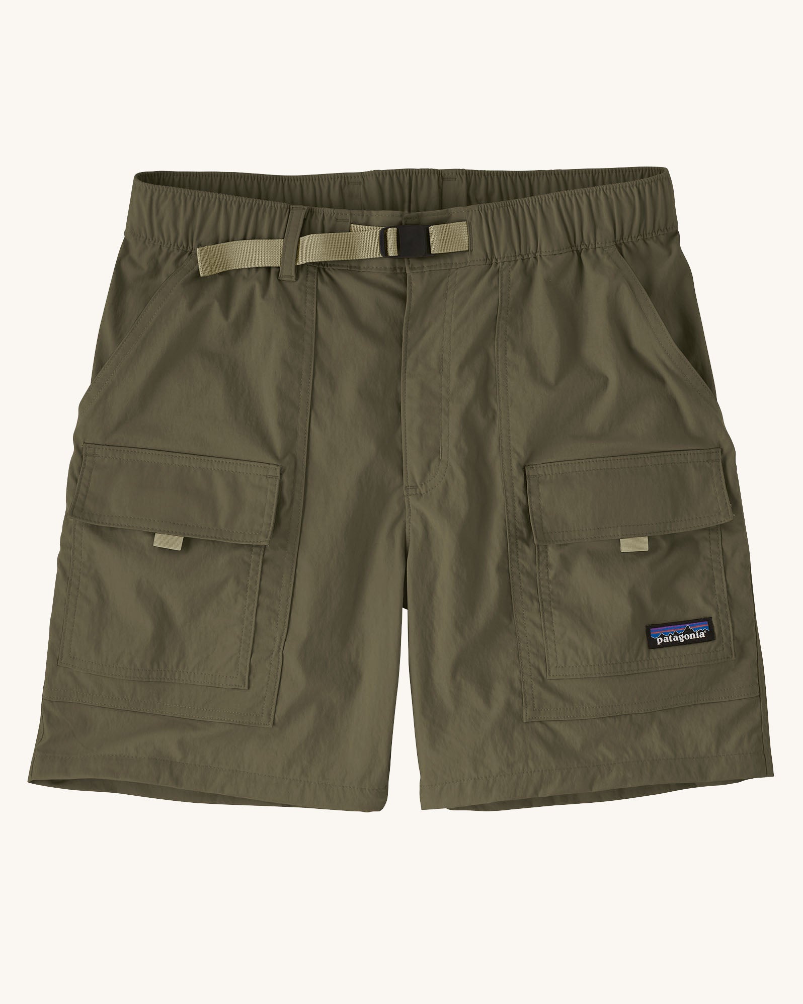 Patagonia men's outdoor everyday quick drying shorts in green. Shows side and front pockets and a light green belt