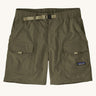 Patagonia men's outdoor everyday quick drying shorts in green. Shows side and front pockets and a light green belt