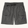 Patagonia men's outdoor everyday quick drying shorts in grey. Shows side and front pockets and black belt.