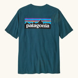 Patagonia men's responsibili t-shirt in glacial blue with large logo patch on the upper back
