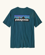 Patagonia men's responsibili t-shirt in glacial blue with large logo patch on the upper back