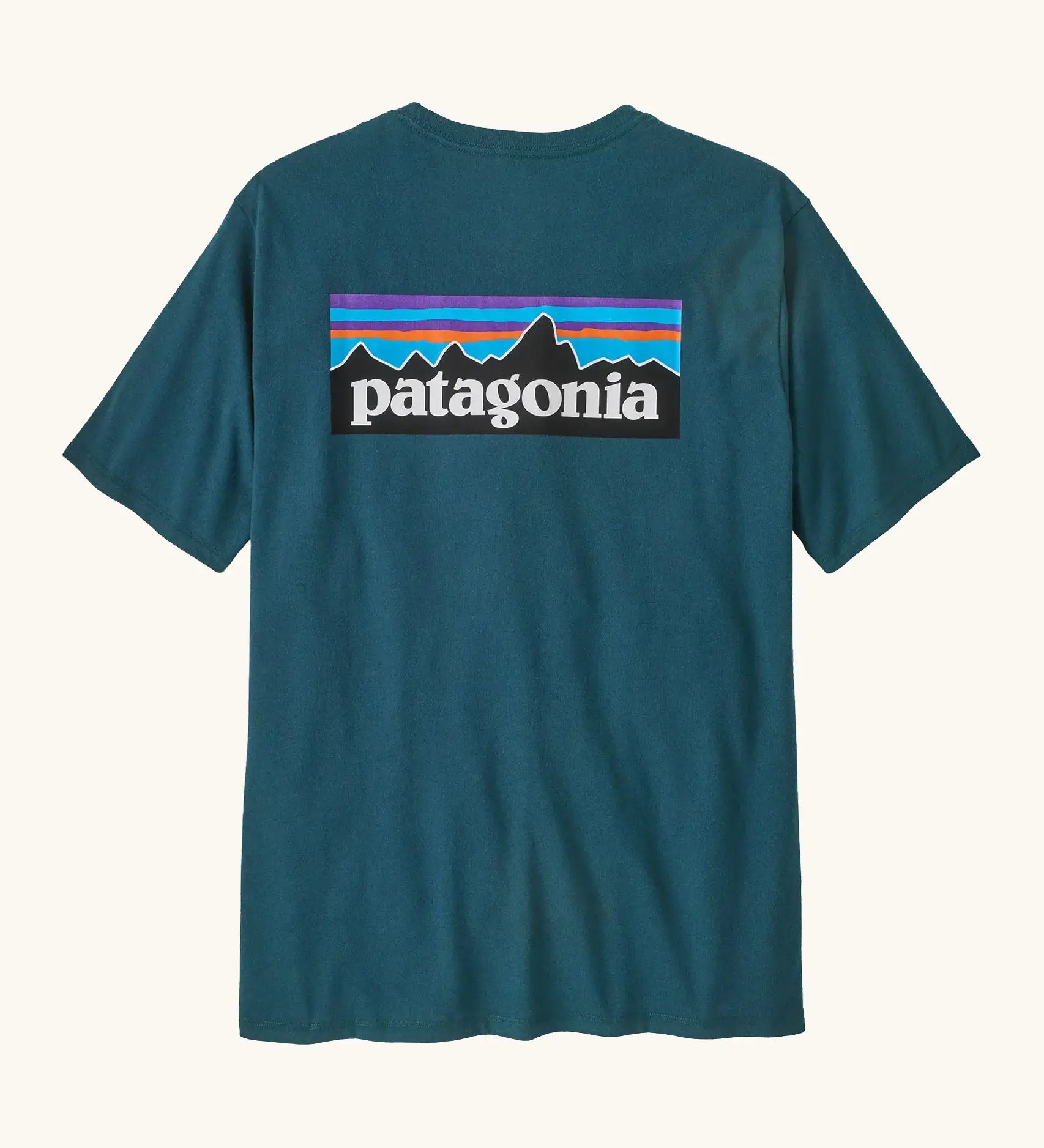 Patagonia men's responsibili t-shirt in glacial blue with large logo patch on the upper back