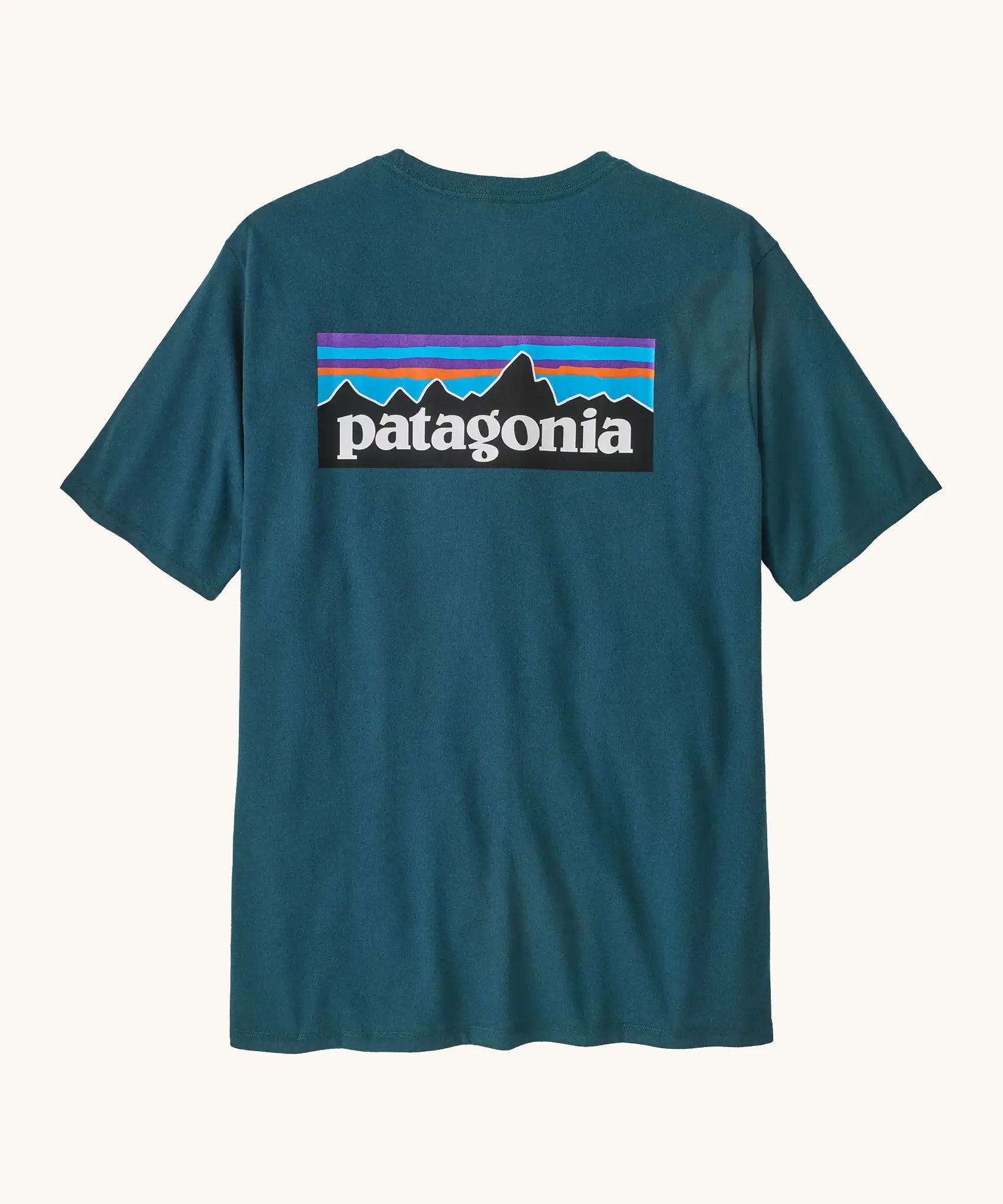 Patagonia men's responsibili t-shirt in glacial blue with large logo patch on the upper back