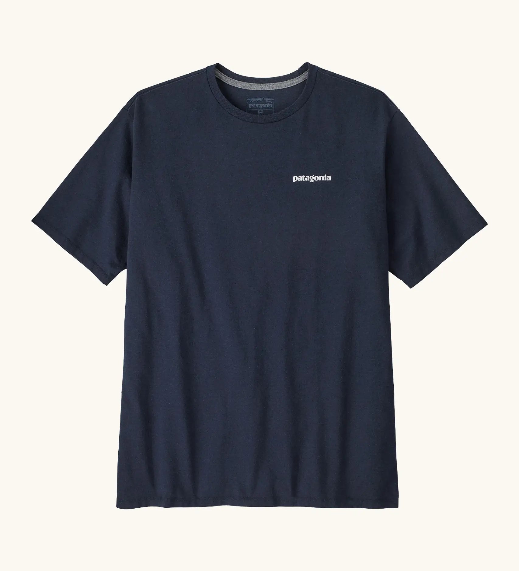 Patagonia men's responsibili t-shirt in new navy with small brand text on the upper chest.