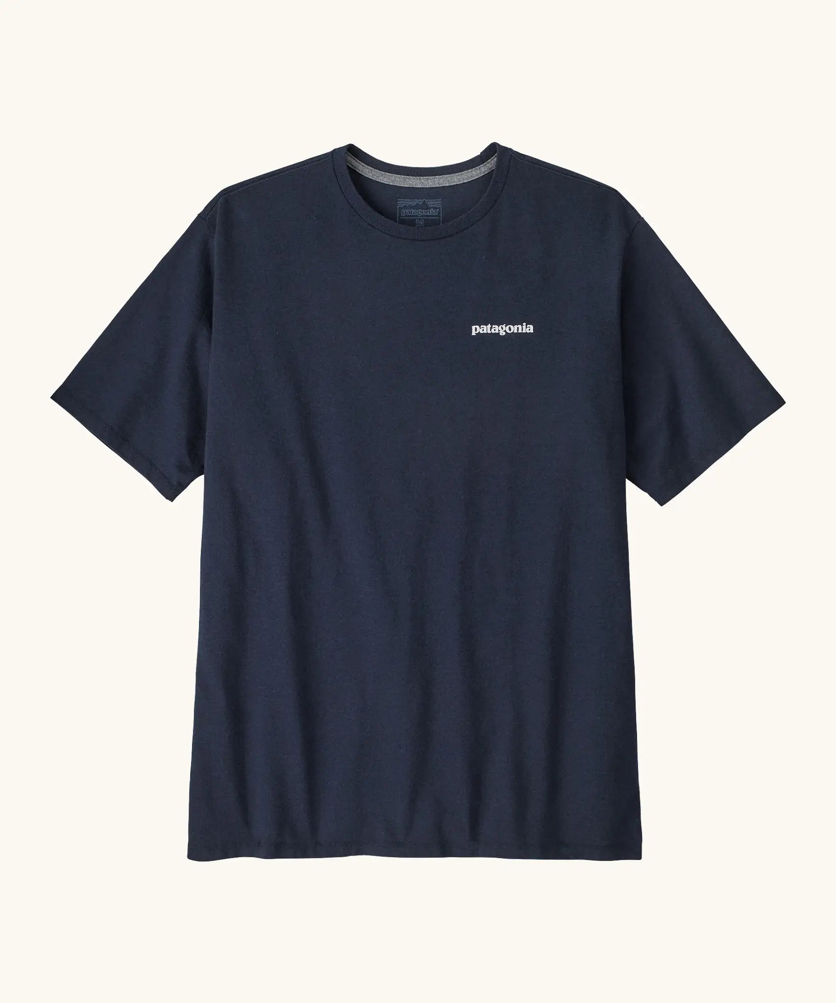 Patagonia men's responsibili t-shirt in new navy with small brand text on the upper chest.
