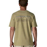 Man wearing Patagonia's men's responsibili t-shirt in green with large logo patch on the upper back. T-shirt has a relaxed fit