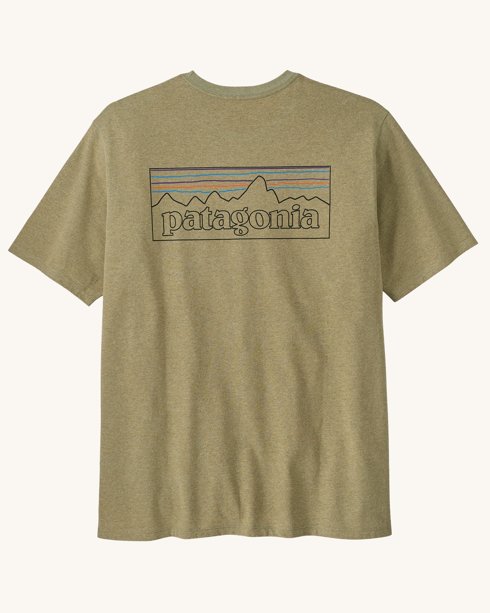 Patagonia men's responsibili t-shirt in green with large logo patch on the upper back