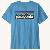 Patagonia men's p6 logo t-shirt in pale blue with large brand patch on the upper back