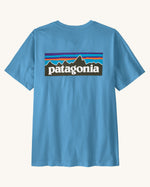 Patagonia men's p6 logo t-shirt in pale blue with large brand patch on the upper back