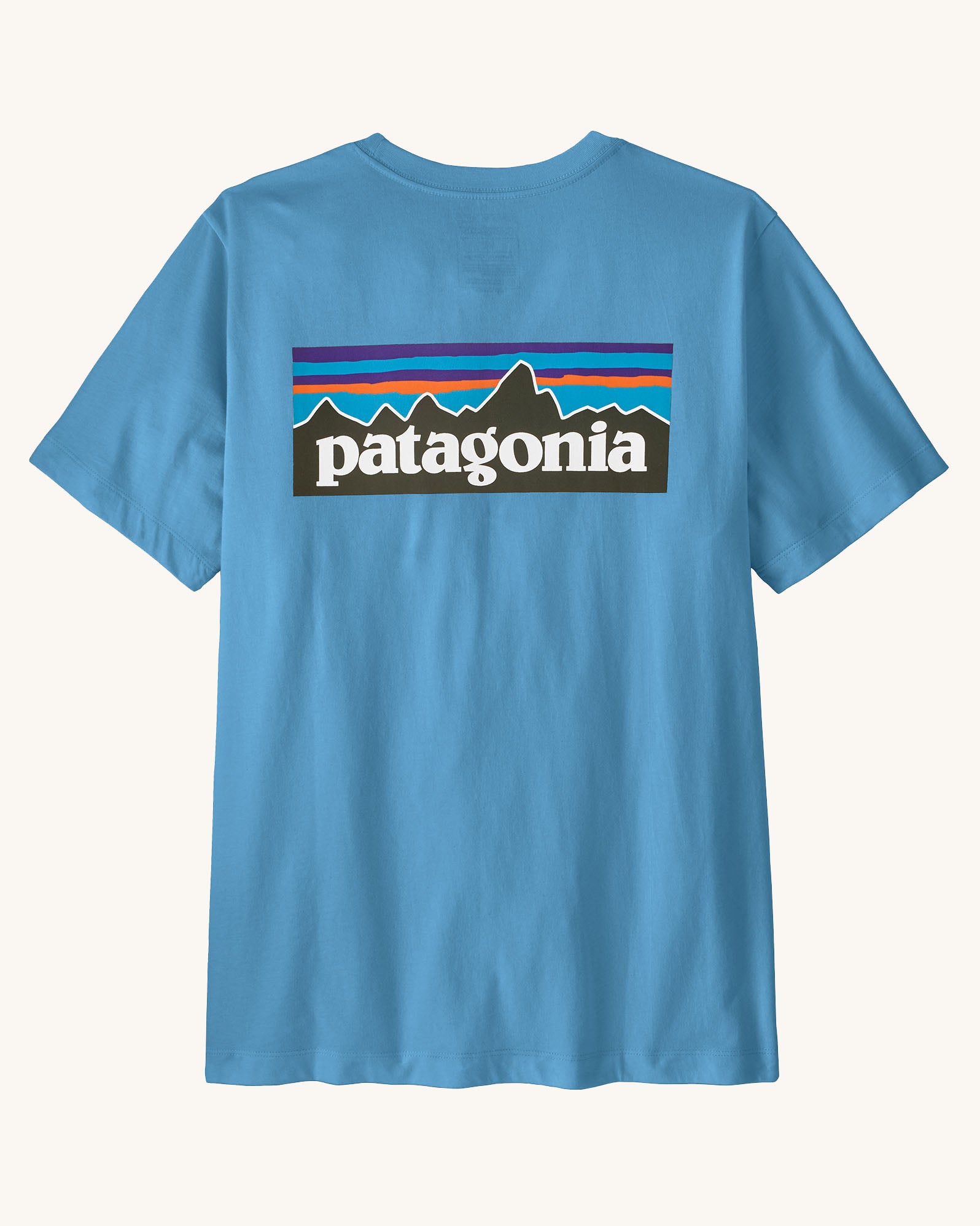 Patagonia men's p6 logo t-shirt in pale blue with large brand patch on the upper back